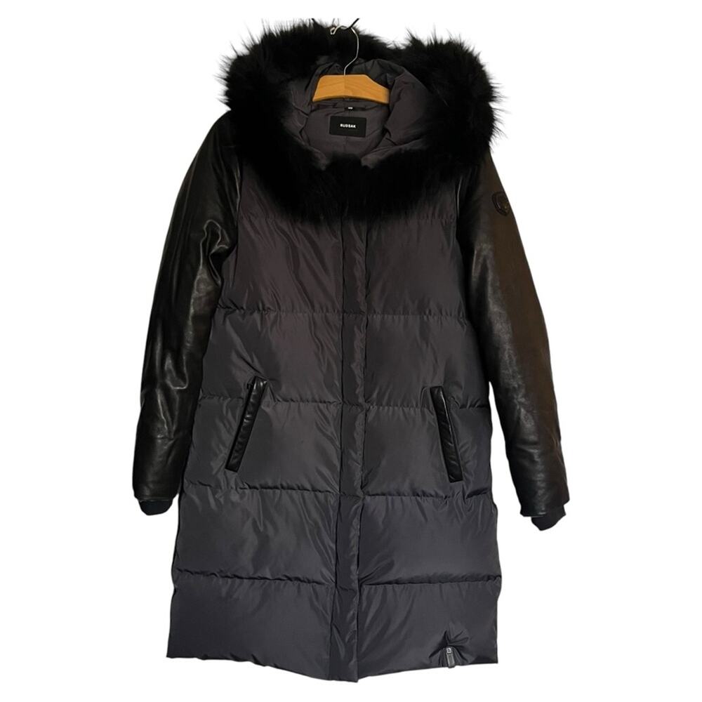 Rudsak Elsa Mid Length Down Puffer Jacket Gray Black Raccoon Fur Hood Size M